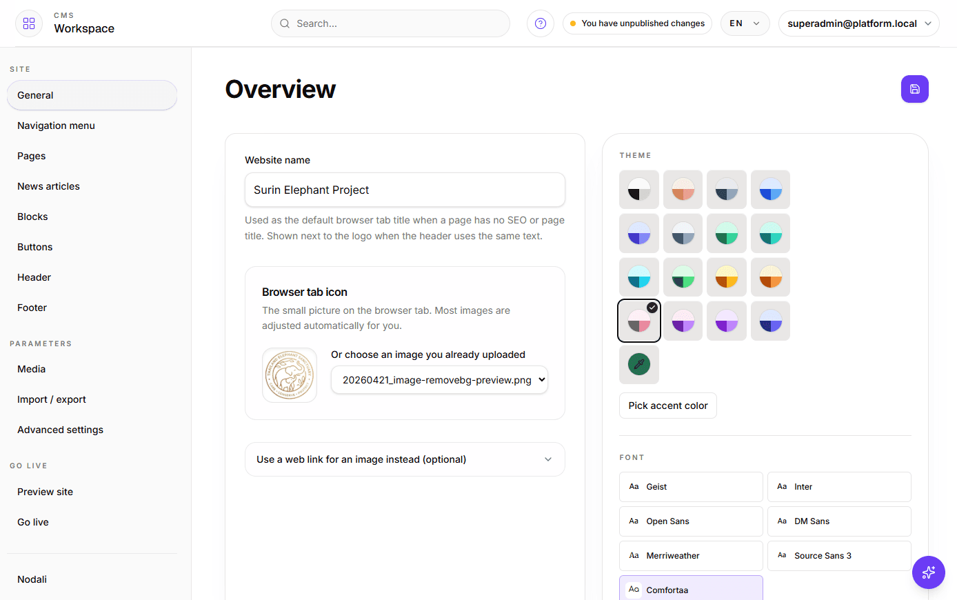 Capture d’écran de l’interface Nodali CMS — édition de contenu