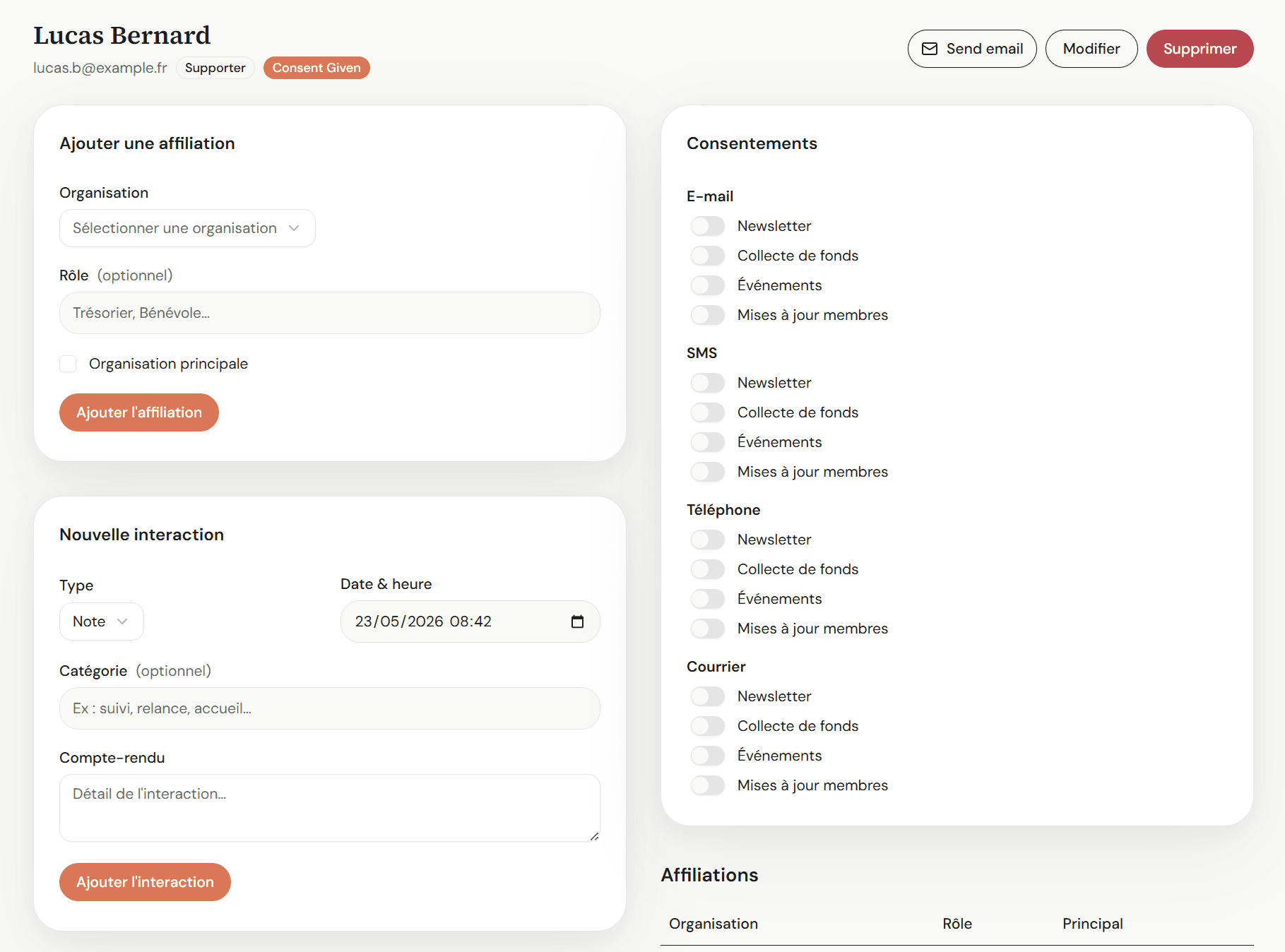 Fiche contact détaillée dans Nodali CRM