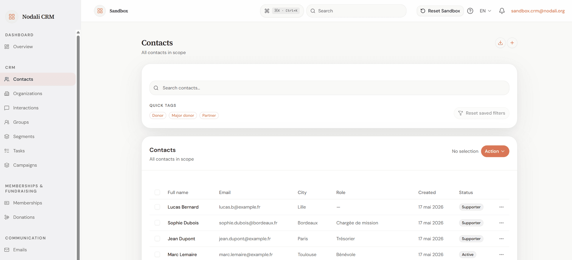 Liste des contacts dans Nodali CRM